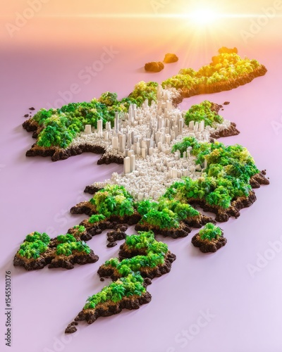 Isometric City Island Landscape at Sunrise