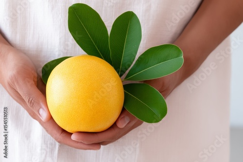 Person Gently Holding a Yellow Citrus Fruit with Green Leaves