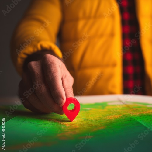 Person in Yellow Jacket Placing Red Location Marker on Green Map