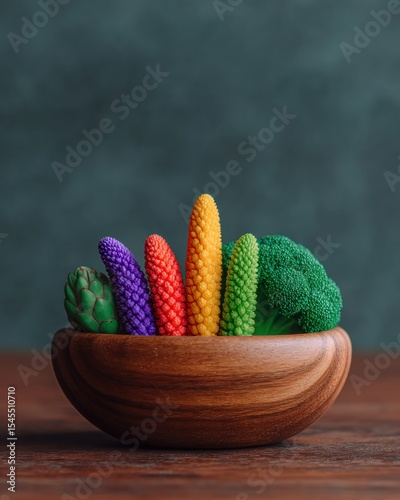 Rainbow Vegetables in Wooden Bowl on Dark Wood