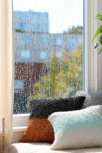 Rainy Day Comfort: Colorful Pillows on Window Seat