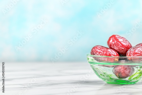 Red Dates in a Green Glass Bowl on Marble Surface