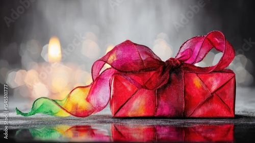 Red Gift Box with Sparkly Ribbon and Festive Lights