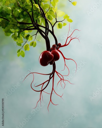 Red Organic Plant with Veins and Leaves Detailed Diagram