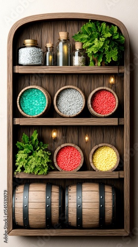 Rustic Wooden Shelf with Colorful Barrels and Herbs