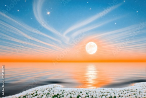 Serene Night Seascape with Orange Sunset, Full Moon, and White Flowers