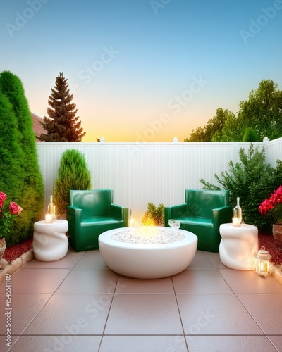 Serene Patio with Green Chairs and White Fire Pit at Sunset