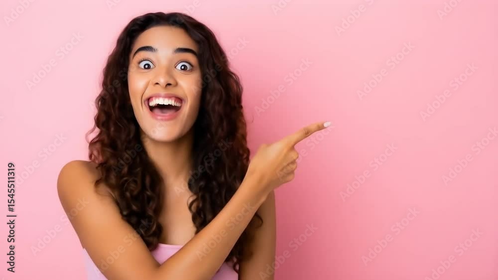 Excited woman gestures towards blank space on a pink backdrop ideal for showcasing your brand message or product advertisement.  Perfect for marketing materials.