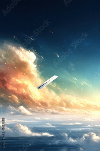 Spaceship Soaring Through Colorful Cosmic Clouds