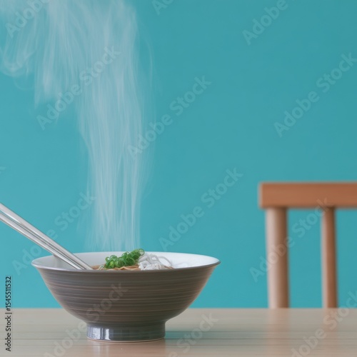 Steaming Bowl of Noodles on Wooden Table Against Teal Wall