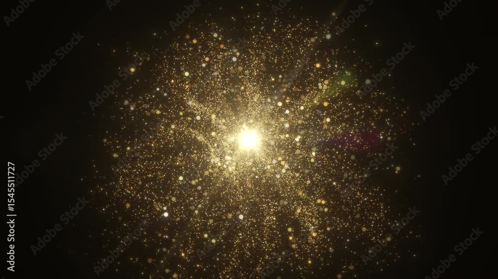 A glowing burst of golden particles forming dynamic trails and sparkling light rays. Ideal abstract animation for Diwali, Lunar New Year, Christmas, or luxury celebration visuals. 