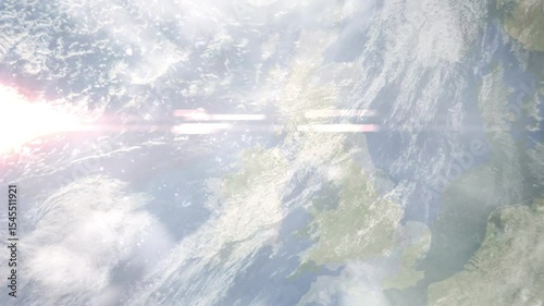 Earth zoom in from space and focus on Ballymoney, Northern Ireland, Antrim, Great Britain. Background for travel intro or blog. Satellite view. 3D style Animation. Images from NASA.