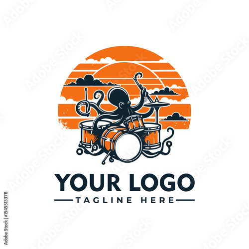 A stylized octopus drumming a kit at sunset, logo design.