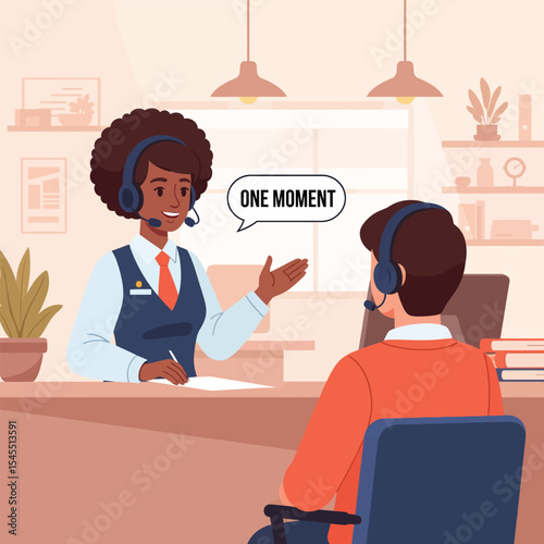 Call Center Agent Talking with a Customer "One Moment"