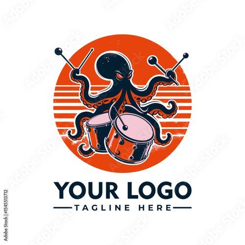 Octopus playing drums with drumsticks against an orange sunburst background.