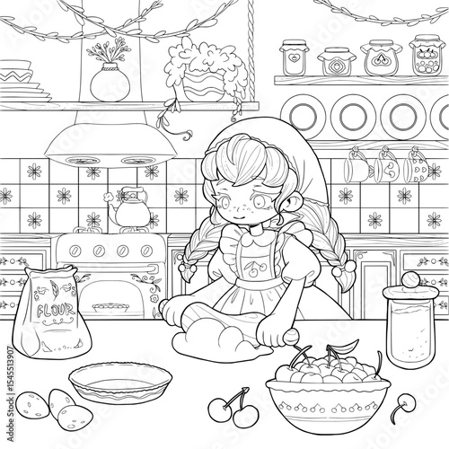 Cottagecore Baking Girl in Vintage Kitchen. Vector Coloring Page