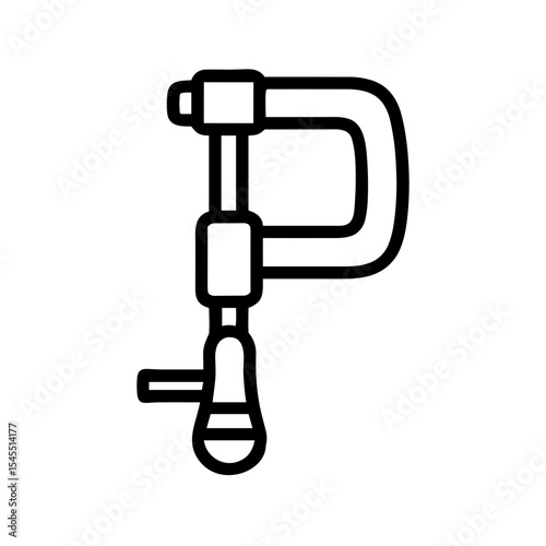 Minimalist line art of C-clamp tool — clean black outline icon of adjustable clamp for woodworking or metalworking on transparent background