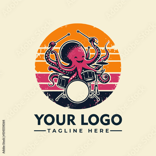A cartoon octopus joyfully playing a drum set against a sunset backdrop.