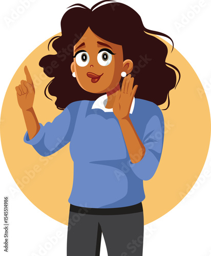 Happy Woman of African Ethnicity Pointing Vector Cartoon. Gossipy lady confessing a secret while explaining everything
