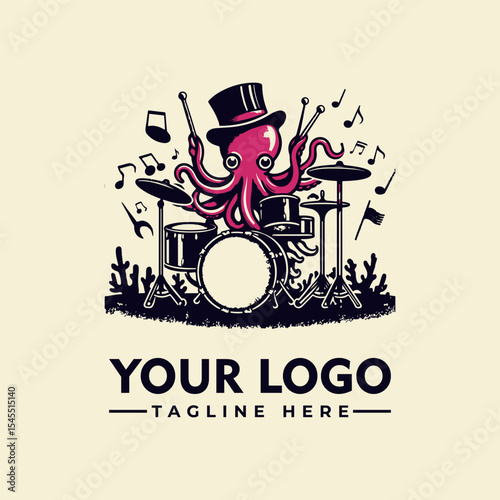 A dapper octopus plays drums, surrounded by musical notes and coral, creating a vibrant logo design.