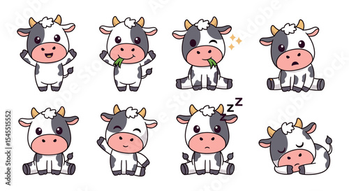 Cute cartoon cow poses set