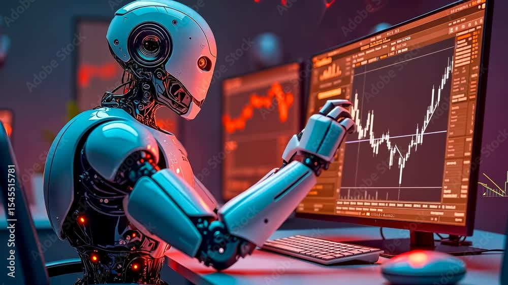 Robot analyzing data, market trends, financial analysis. Data interpretation. Computers predict stock fluctuations. Algorithms enhance trading efficiency. Automation impacts economic systems.