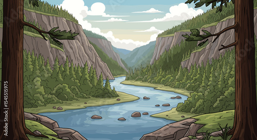 River valley scenic landscape illustration