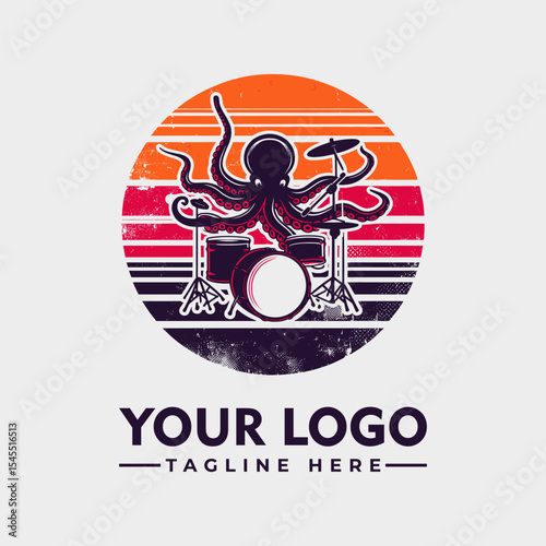 Retro-styled logo featuring an octopus playing a drum kit, set against a sunset backdrop.