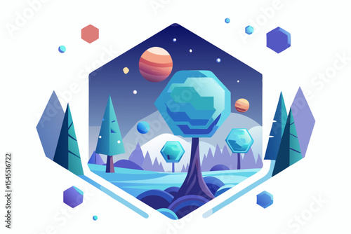 crystal planet hexagon trees scene