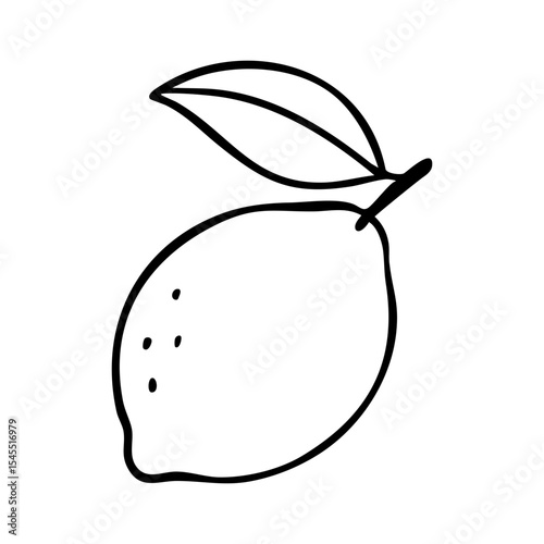 Simple black ink doodle of a whole lemon with a leaf. Hand-drawn in sketch style. Ideal for labels, packaging, cafe branding, healthy food designs, and kitchen decor.