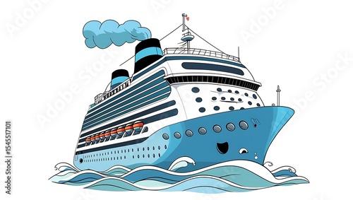 Friendly and cheerful cruise ship clip art with happy face and pastel color palette in cute cartoon design