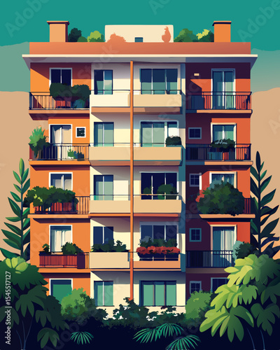 apartment with greenery on balconies, colorful vector illustration