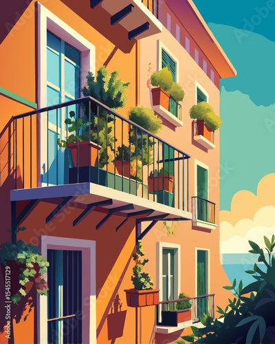 apartment with greenery on balconies, colorful vector illustration
