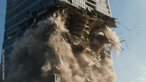 Dramatic Skyscraper Demolition: Controlled Implosion of Modern Building with Debris and Dust