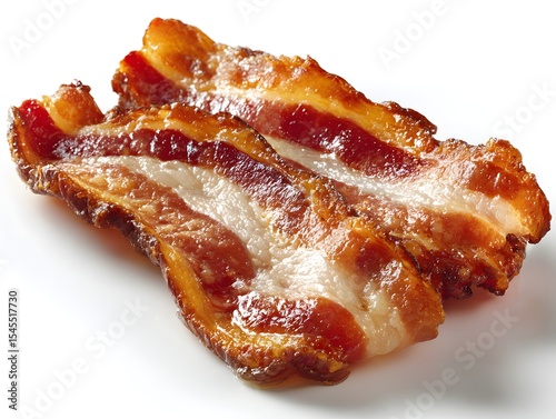 Two crispy slices of bacon with visible layers of fat are displayed on a clean white surface here now.