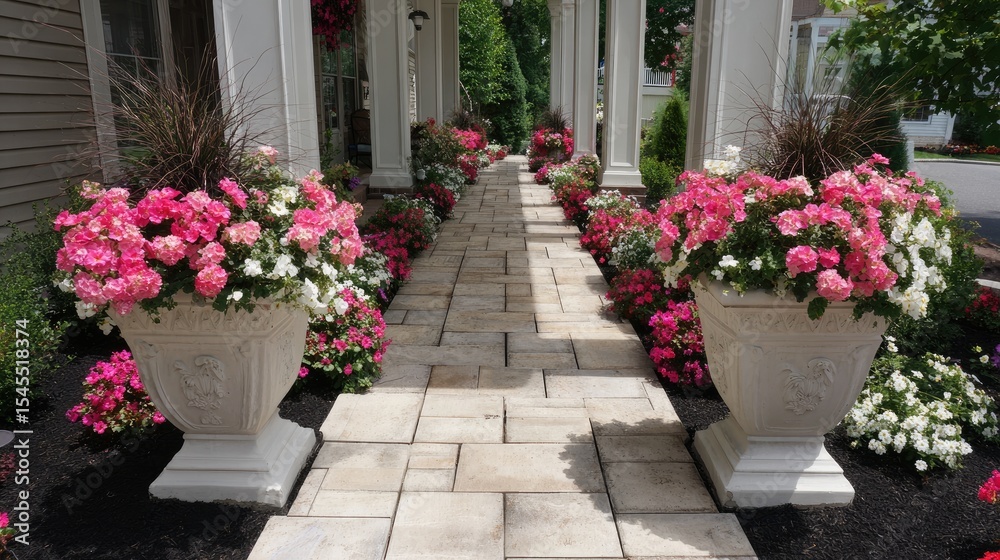 Fototapeta premium Balanced entry design with flower pots on both sides of walkway and mulch beds enhancing appeal