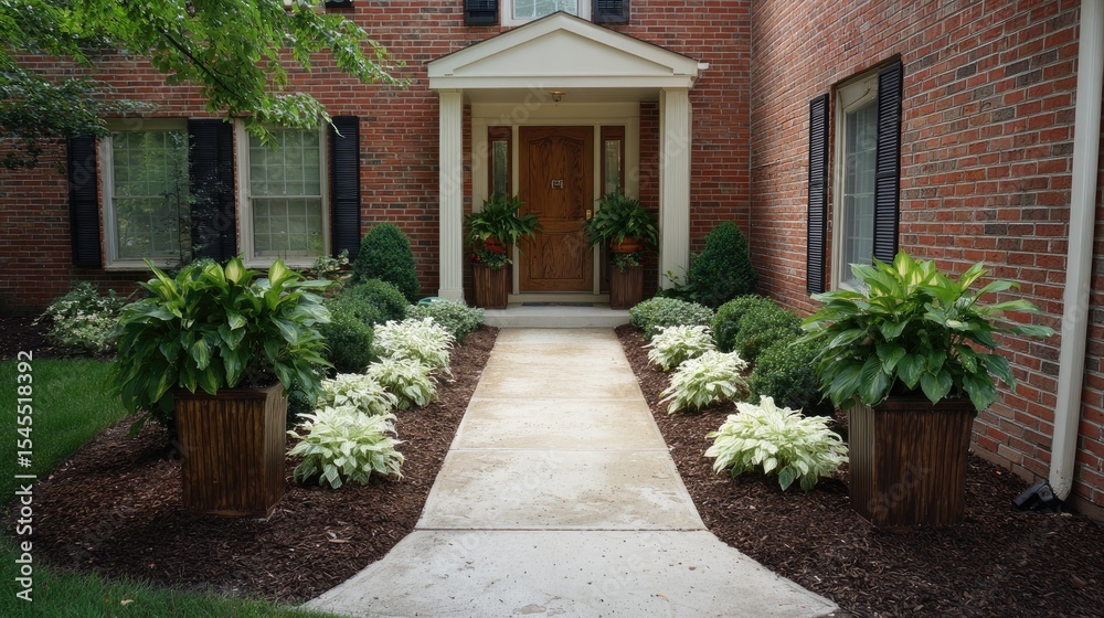 Naklejka premium Balanced entry design with flower pots on both sides of walkway and mulch beds enhancing appeal
