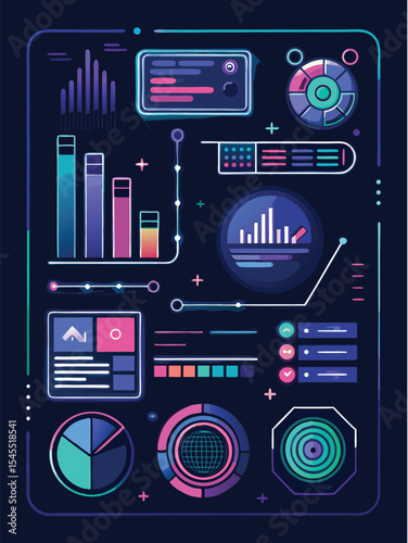 Data Visualization: A visually captivating and modern illustration of data analysis tools, featuring vibrant charts, graphs, and diagrams. Designed to highlight the power of information.