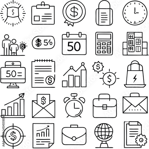 Business Outline Icon Set: a minimalist set of business-themed outline icons, featuring symbols of finance, planning, and office work, ready to enhance any visual project.