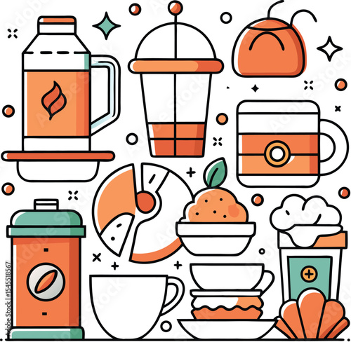 Coffee and Delights: A stylized illustration showcasing a collection of coffee and delicious treats, capturing the essence of a cafe.