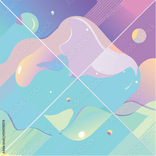 Pastel Dreamscape: An ethereal abstract design blending soft pastel hues and fluid shapes, evoking a dreamlike landscape with geometric line.