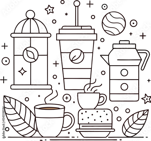 Coffee Delight Collection: An assortment of coffee-related items elegantly arranged in a sophisticated illustration, evoking warmth and the pleasure of a good cup.