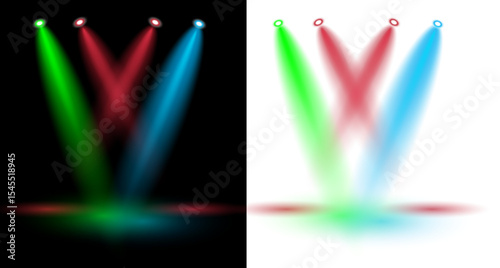 RGB triple spotlight beam vector design, green red blue stage lighting on black and transparent background, for concert, performance, club, or product highlight use