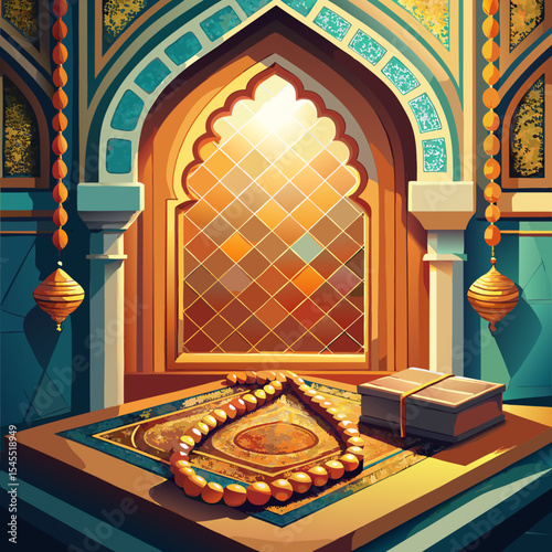 islamic praying corner and prayer beads