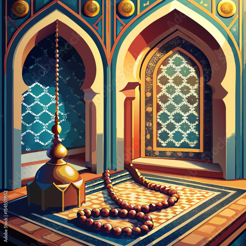 islamic praying corner and prayer beads