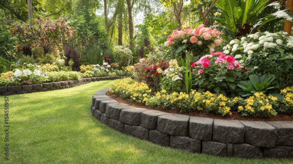 Fototapeta premium Concrete block garden edging forming clean lines around flowerbeds with layered shrubs and blooms
