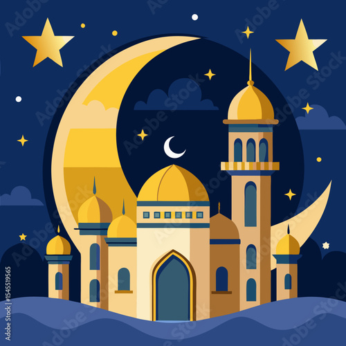 crescent moon and mosque night view