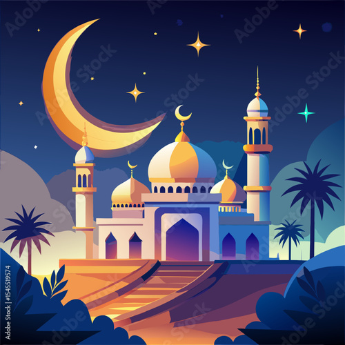 crescent moon and mosque night view
