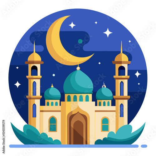 crescent moon and mosque night view