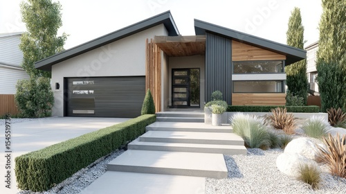Contemporary front yard with symmetrical evergreen hedges, structured gravel zones, and wood accents